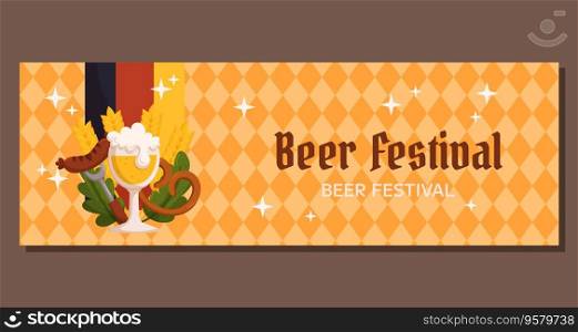 Beer festival horizontal banner template. Design with glass of beer, fork with grilled sausage, pretzel, wheat and leaves, Germany color flag. Light orange rhombus pattern. Beer festival horizontal banner template. Design with glass of beer, fork with grilled sausage, pretzel, wheat and leaves, Germany color flag. Light orange rhombus pattern.