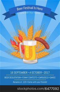 Beer Festival is Here Vector Illustration on Blue. Beer festival is here vector illustration on blue, invitation card of oktoberfest, including images of pint of alcohol, fish and lobster, wheat