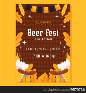 Beer festival poster template. Design with glass of beer, forks with grilled sausage, wheat and leaves, black and yellow garland. Rhombus pattern on back. Beer festival poster template. Design with glass of beer, forks with grilled sausage, wheat and leaves, black and yellow garland. Rhombus pattern on back.