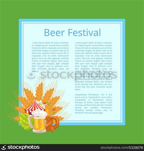 Beer Festival Poster with Tasty Food and Beverage. Beer festival poster vector illustration of fresh cabbage, full foamy mug, tasty bagel with sesame, ears of wheat, fest tent and Ferris wheel