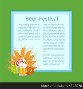 Beer Festival Poster with Tasty Food and Beverage. Beer festival poster vector illustration of fresh cabbage, full foamy mug, tasty bagel with sesame, ears of wheat, fest tent and Ferris wheel