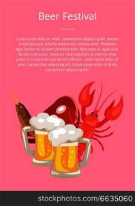 Beer festival poster with two pints, snacks which includes piece of ham, dry fish, crayfish octoberfest, vector Illustration on pink background.. Beer and Snacks at Octoberfest Vector Illustration