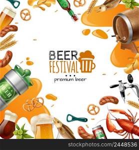 Beer festival template with can crisps potato glasses barrel mug pretzel lobster wheat bottle opener vector illustration. Beer Festival Template