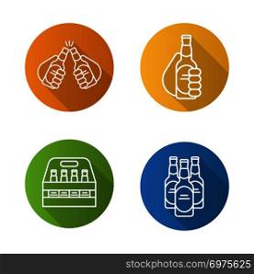 Beer flat linear long shadow icons set. Cheers, box, toasting hands with beer bottles. Vector line symbols. Beer flat linear long shadow icons set