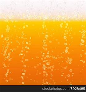 Beer Foam Background. Light Bright, Bubble And Liquid. Vector Illustration. Beer Background Texture With Foam And Vubbles. Macro Of Frefreshing Beer.