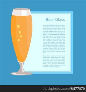 Beer Glass Pilsner Poster Vector Illustration. Beer glass poster depicting pilsner with foam and bubbles with text sample in frame vector illustration isolated on blue background