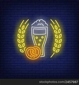 Beer glass, pretzel and barley ears neon sign. Bar, pub, party design. Night bright neon sign, colorful billboard, light banner. Vector illustration in neon style.