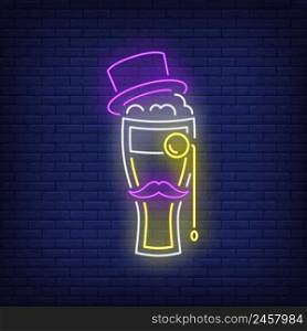 Beer glass with topper hat, moustache and monocle neon sign. Bar, pub, party design. Night bright neon sign, colorful billboard, light banner. Vector illustration in neon style.