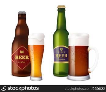 Beer glasses bottles. Cup and vessels for alcoholic drinks craft light brown fresh cold beer with foam splash. Realistic pictures beer. Illustration of beer glass and bottle alcohol. Beer glasses bottles. Cup and vessels for alcoholic drinks craft light brown fresh cold beer with foam splash. Realistic pictures beer