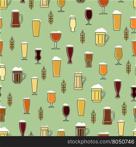 Beer glasses colorful seamless pattern. Colorful seamless pattern with glasses of beer and rye branch vector