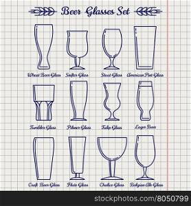Beer glasses line icons set. Beer glasses line icons set vector on notebook page