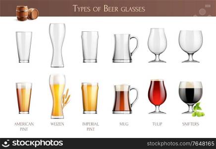 Beer glasses realistic infographics with various types of empty and full beer glasses with text captions vector illustration