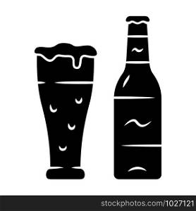 Beer glyph icon. Uncorked bottle and glass of beverage. Bottled and draft lager. Alcoholic drink. Brewing. Pint of ale. Booze for party. Silhouette symbol. Negative space. Vector isolated illustration