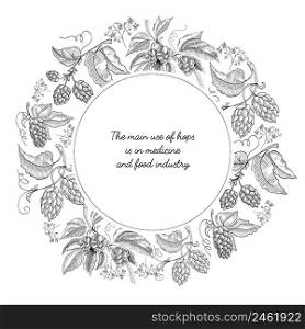Beer hop circle wreath sketch composition with beautiful cartoons of blooms and inscription in the center about using of this herb hand drawing vector illustration. Beer Hop Circle Wreath Sketch Composition