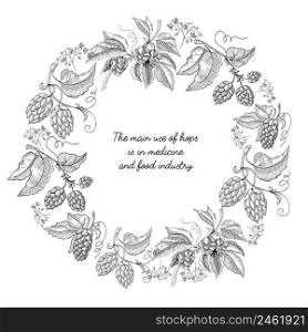 Beer hop round frame sketch composition hand drawn braches with leaves and flowers black and white vector illustration. Beer Hop Round Frame Sketch Composition