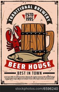 Beer house or brewery bar retro poster. Vector vintage advertisement design of craft draught beer in wooden mug with lobster crab or dry fish snacks, premium quality stars and ribbons. Beer brewery house retro advertisement poster