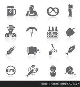 Beer icons black set with barrel bottle glass and fork with sausage isolated vector illustration
