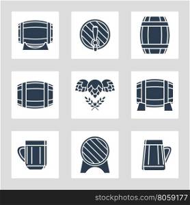 Beer icons set. Beer icons set with barrels glasses hop and wheat. Vector illustration