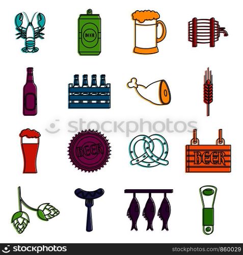 Beer icons set. Doodle illustration of vector icons isolated on white background for any web design. Beer icons doodle set
