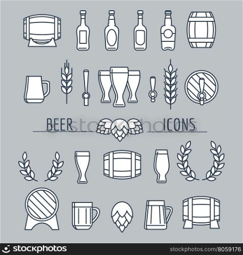 Beer icons set isolated on grey. Beer icons set isolated on grey. Barrels bottles hop wheat vector icons