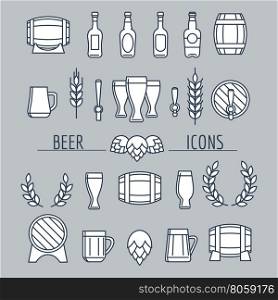 Beer icons set isolated on grey. Beer icons set isolated on grey. Barrels bottles hop wheat vector icons