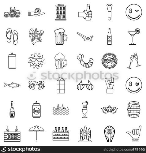 Beer icons set. Outline style of 36 beer vector icons for web isolated on white background. Beer icons set, outline style