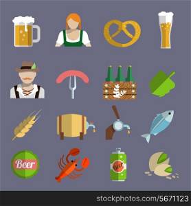 Beer icons set with barrel glass and fork with sausage isolated vector illustration