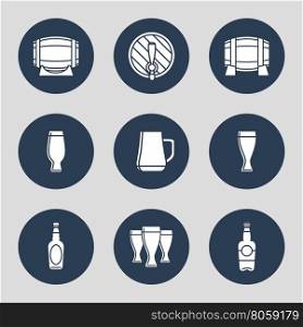 Beer icons set with glasses. Beer icons set with glasses bottles barrels. Vector illustration