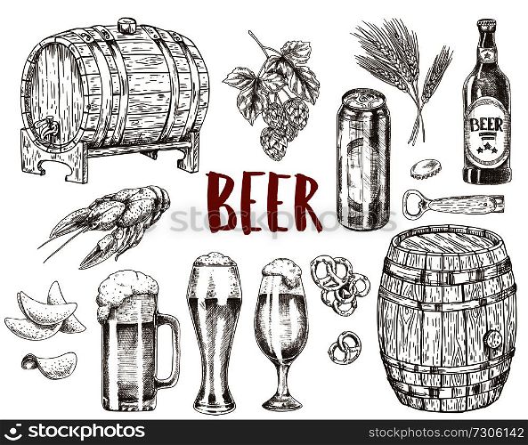 Beer in capacious glasses, wooden barrels and bottles with labels. Boiled crayfish, crispy chips and salty cracker as snack vector illustrations.. Beer and Snack Black and White Promo Poster