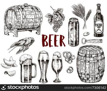 Beer in capacious glasses, wooden barrels and bottles with labels. Boiled crayfish, crispy chips and salty cracker as snack vector illustrations.. Beer and Snack Black and White Promo Poster