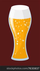Beer in glass, alcohol beverage of bachelor party. Yellow drink with bubbles and foam, ale in goblet, element of celebration stag-party, tipple sign. Vector illustration in flat cartoon style. Tipple Beverage, Beer or Ale in Glassware Vector