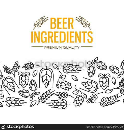 Beer ingredients design card with images under the yellow text and repeating of flowers, twig of hops, blossom, malt vector illustration. Beer Ingredients Design Card