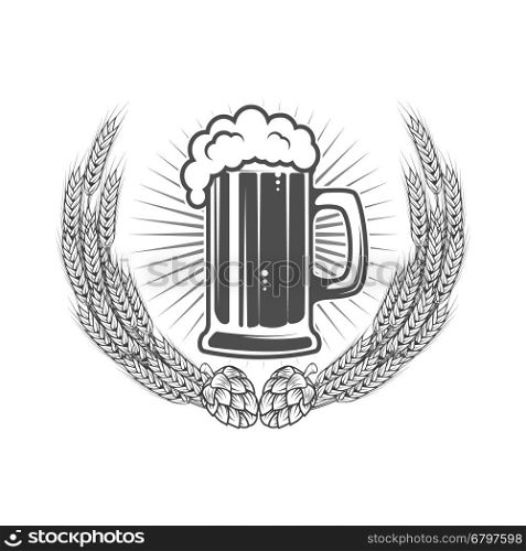 Beer label template. Beer mug in wreath from wheat with hop. Design element for logo, label, emblem, sign, brand mark. Vector illustration.