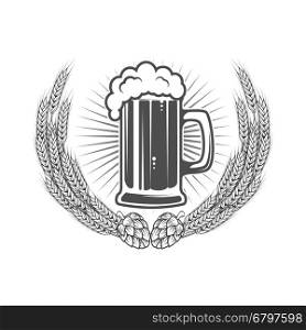 Beer label template. Beer mug in wreath from wheat with hop. Design element for logo, label, emblem, sign, brand mark. Vector illustration.