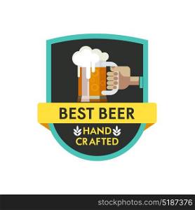 Beer logo, emblem. Arm with a tattoo holding a mug of beer. Hand crafted.