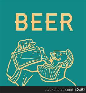 Beer man drinks logo. Comic cartoon pop art retro vector illustration drawing. Beer man drinks logo