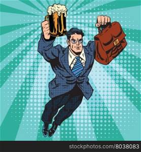 Beer man superhero flying pop art retro vector. Businessman with a beer in hand. Beer man superhero flying
