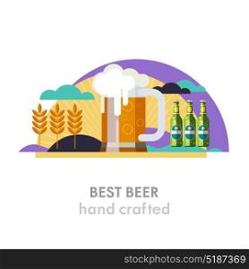 Beer mug and beer bottle. The best beer. Wheat field, sun, clouds. Eco-friendly products. Vector illustration in flat style.