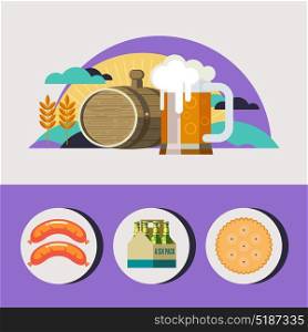 Beer mug and keg of beer. The best beer. Wheat field, sun, clouds. Eco-friendly products. Vector icons. Sausages, a pack of beer, cookies.