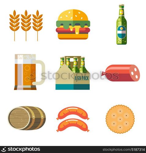 Beer mug, bottle packaging bottled beer, keg beer, a hamburger, sausage, biscuits, barley ear. Set of vector icons.