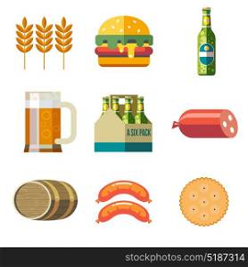 Beer mug, bottle packaging bottled beer, keg beer, a hamburger, sausage, biscuits, barley ear. Set of vector icons.