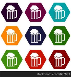 Beer mug icon set many color hexahedron isolated on white vector illustration. Beer mug icon set color hexahedron