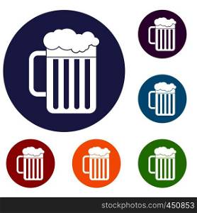 Beer mug icons set in flat circle reb, blue and green color for web. Beer mug icons set