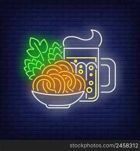 Beer mug, pretzels and hop cones neon sign. Oktoberfest, appetizer, party design. Night bright neon sign, colorful billboard, light banner. Vector illustration in neon style.