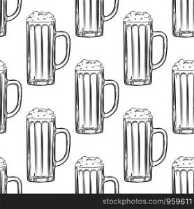 Beer mug seamless pattern. Full beer glasses with foam backdrop. Alcoholic beverage design. Engraving style. Design for fabric, textile print, wrapping paper. Vector illustration. Beer mug seamless pattern. Full beer glasses with foam backdrop.