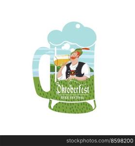 Beer mug with a German in a national costume. A man drinks beer from a large mug. Vector illustration for the Oktoberfest beer festival.. A beer mug. Vector illustration for the Oktoberfest beer festival_01.eps