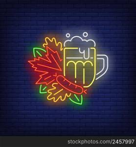 Beer mug with autumn leaves neon sign. Bar, Oktoberfest, pub, party design. Night bright neon sign, colorful billboard, light banner. Vector illustration in neon style.