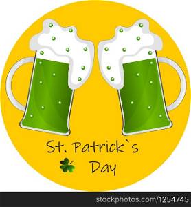 Beer mug with beer foam on a yellow background and St.Patrick&rsquo;s Day lettering.Stock Illustration for St. Patrick&rsquo;s Day. EPS 10 vector.. Beer mug with beer foam on a yellow background.