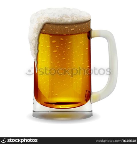 Beer mug with foamy, realistic transparent vector glass with cup handle. Alcohol drink glass icon illustration.. Beer mug with foamy, realistic transparent vector glass with cup handle. Alcohol drink glass icon illustration