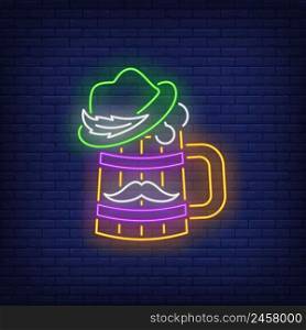 Beer mug with hat and moustache neon sign. Brasserie, sport bar Oktoberfest, St. Patrick’s Day. Night bright advertisement. Vector illustration in neon style for pub banners and advertising